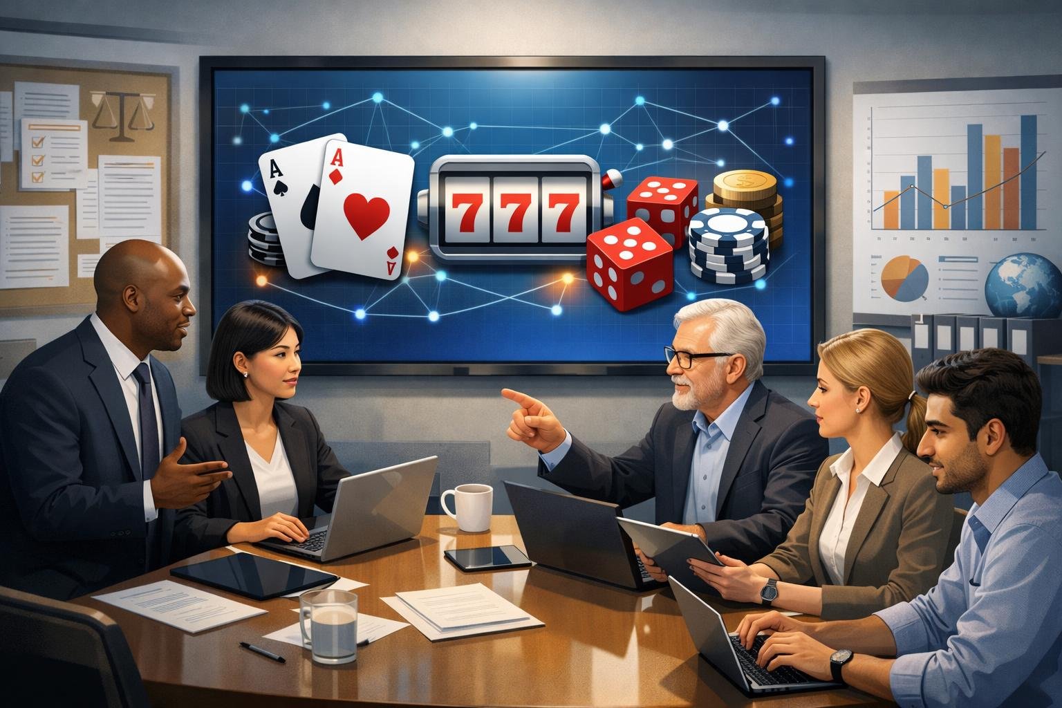 A Group Of Professionals In An Office Discussing Online Gambling Concepts With Digital Screens Showing Gambling Icons And Charts.