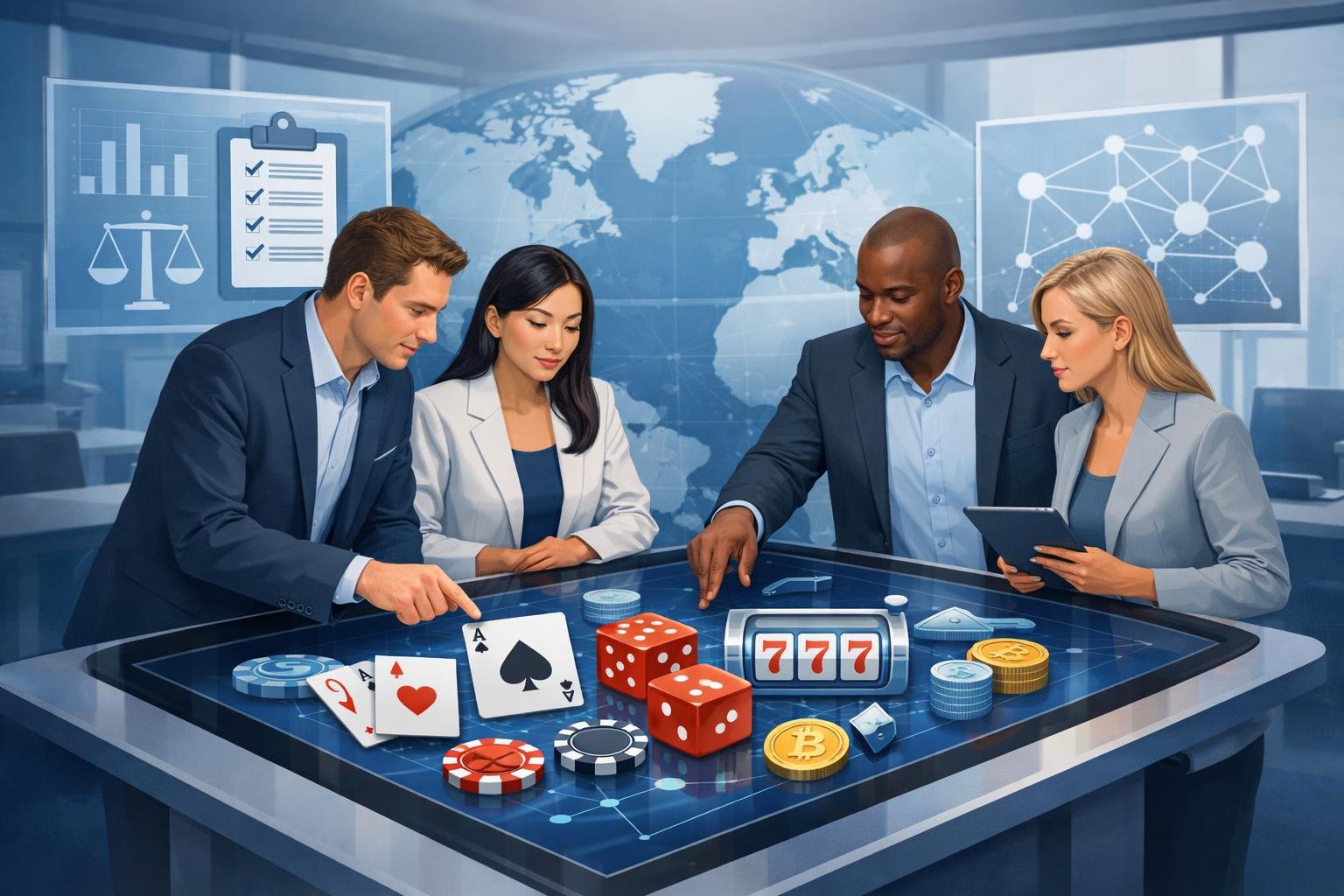 A Group Of Professionals Collaborating Around A Digital Touchscreen Table Displaying Gambling Icons And Charts In A Modern Office With Screens Showing Regulatory Information And A World Map.