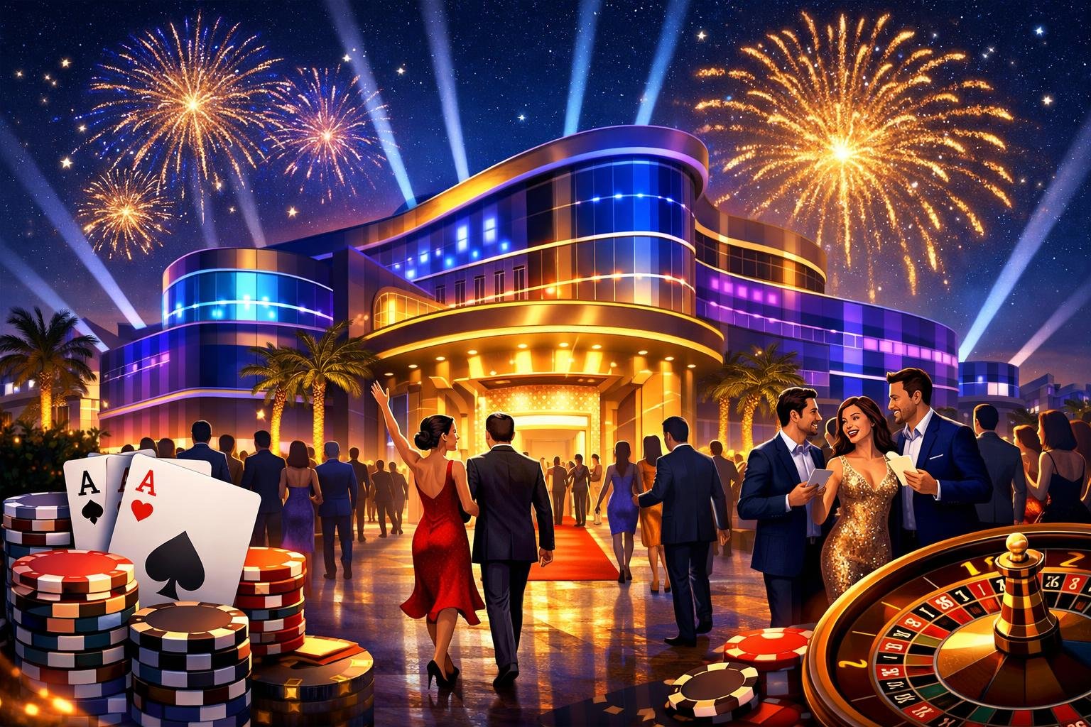 A Modern Casino Building Lit Up At Night With People Entering And Festive Fireworks In The Sky.