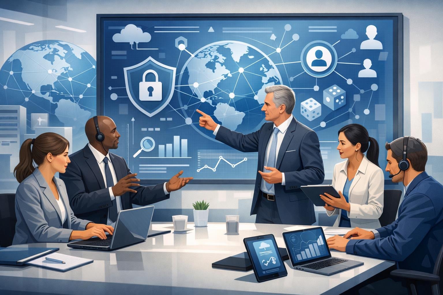 A Group Of Professionals Collaborating Around A Large Digital Screen Showing Charts And Network Connections, Representing The Roles And Functions Of A Remote Gambling Association.