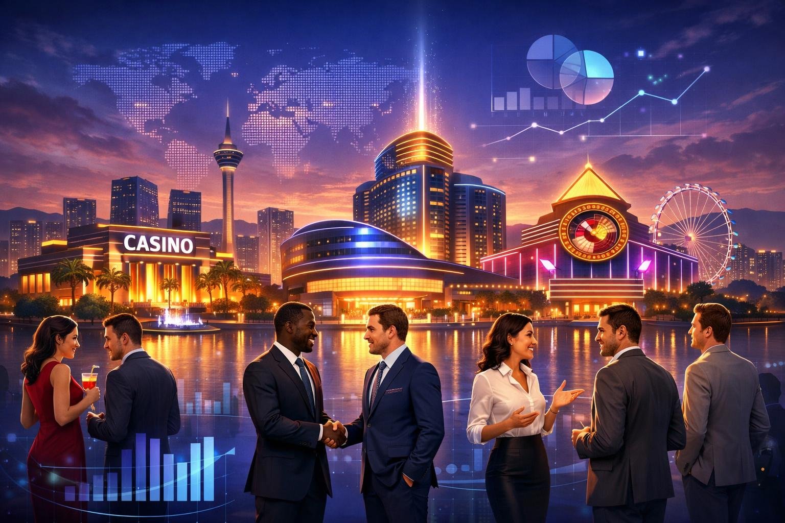A City Skyline At Dusk With Several Newly Opened Casinos Lit Up, Surrounded By People And Subtle Graphical Elements Representing Business And Industry Updates.