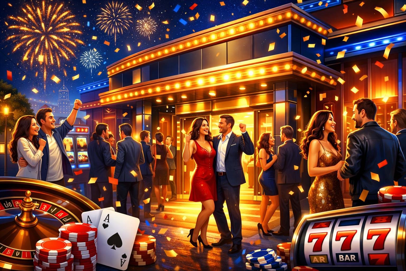 A Lively Scene Outside A Modern Casino With People Celebrating And Casino Game Elements Like Chips And Cards Around, Representing New Casino Launches And Promotions.