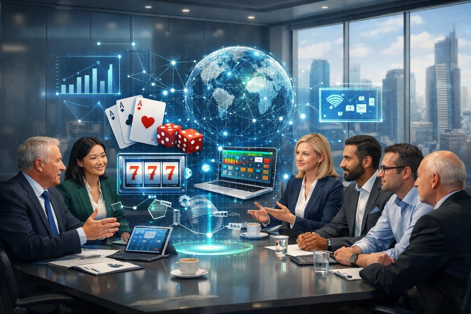 A Group Of Business Professionals In A Conference Room Discussing And Collaborating With Digital Charts And Network Symbols Representing Remote Gambling Industry Connections.