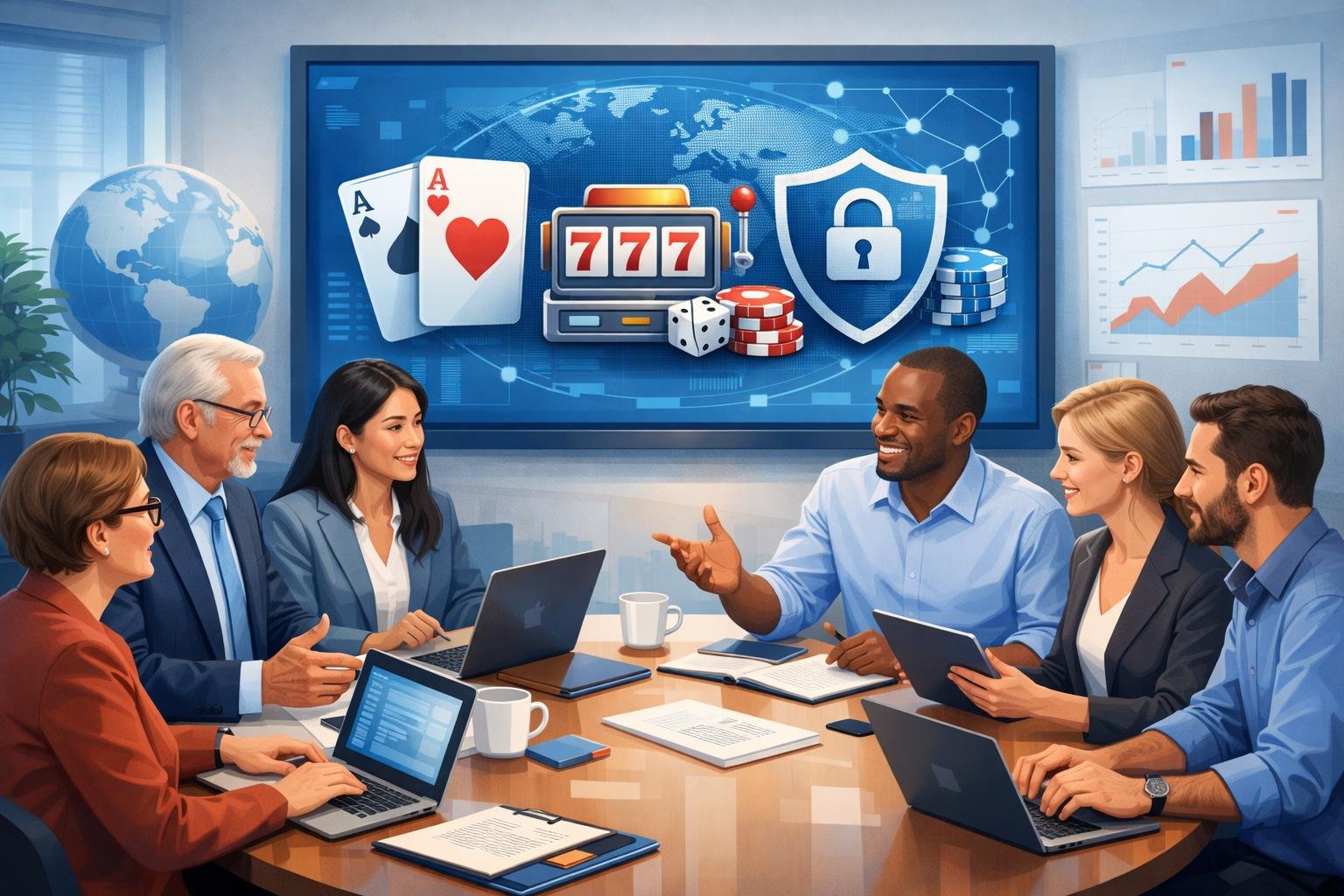 A Group Of Diverse Professionals Collaborating Around A Table With Digital Devices And A Large Screen Showing GamblingRelated Icons And Security Symbols In A Modern Office Setting.