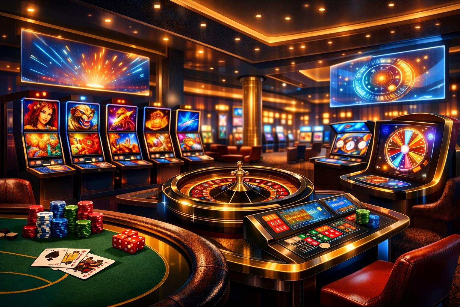 A Modern Casino Floor With Slot Machines, A Roulette Wheel, And Poker Tables, Showcasing New Games And Features In An Elegant Setting.