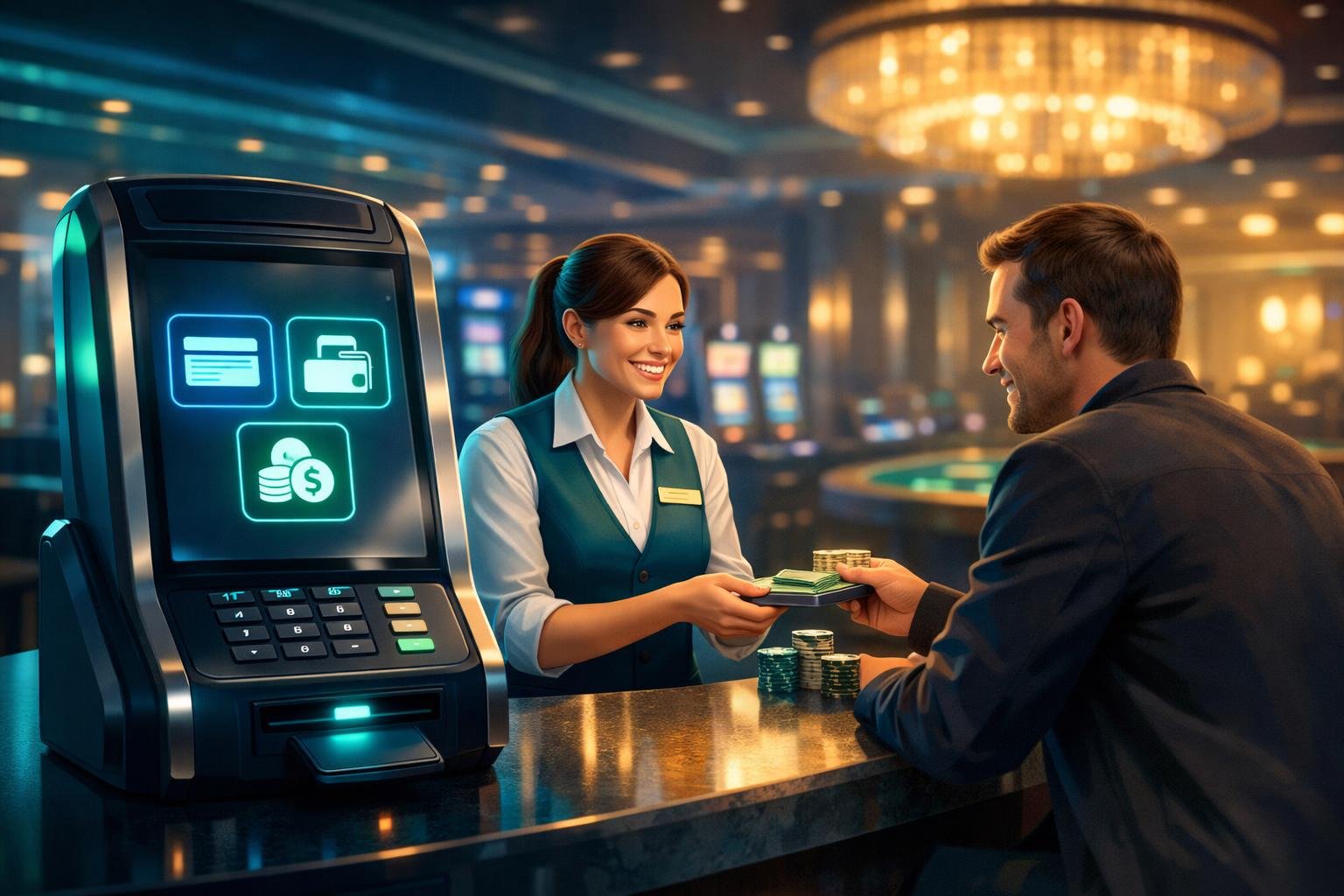 A Player Interacting With A Casino Staff Member At A Payment Terminal Inside A Modern Casino, With Slot Machines And Gaming Tables In The Background.