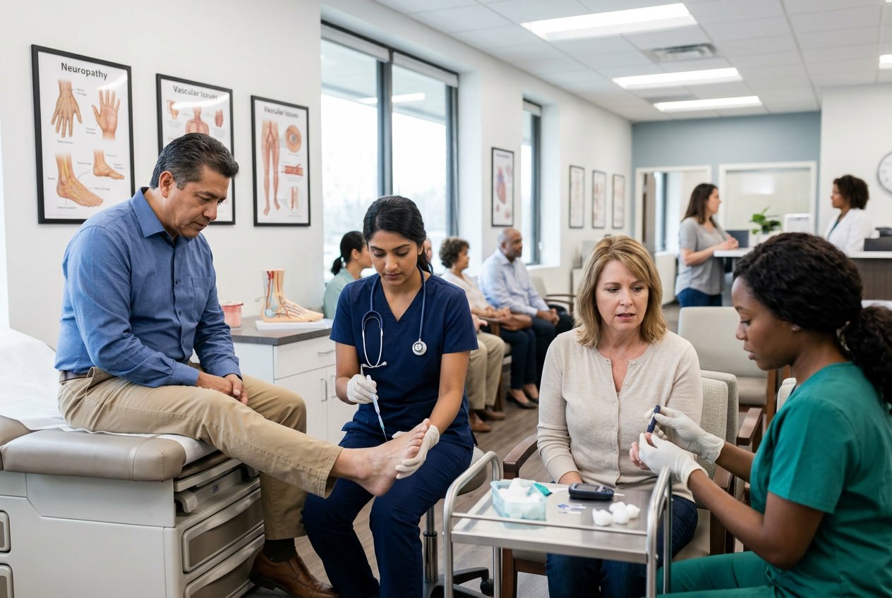 Pazienti che ricevono cure mediche per complicanze del diabete in una clinica, con un medico che esamina il piede di un uomo e un test della glicemia in corso.