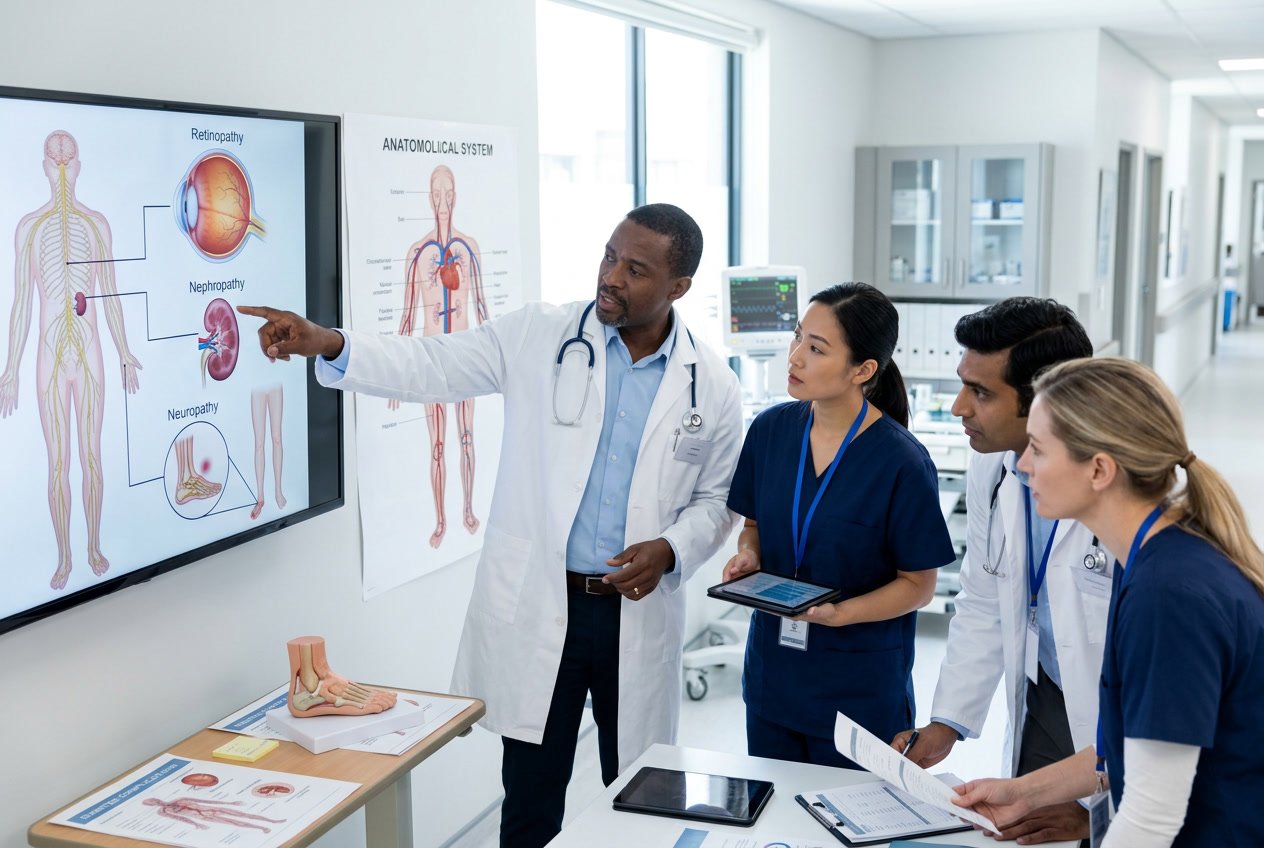 Medici che discutono complicanze del diabete in un ambiente clinico moderno, con grafici anatomici e attrezzature mediche sullo sfondo.