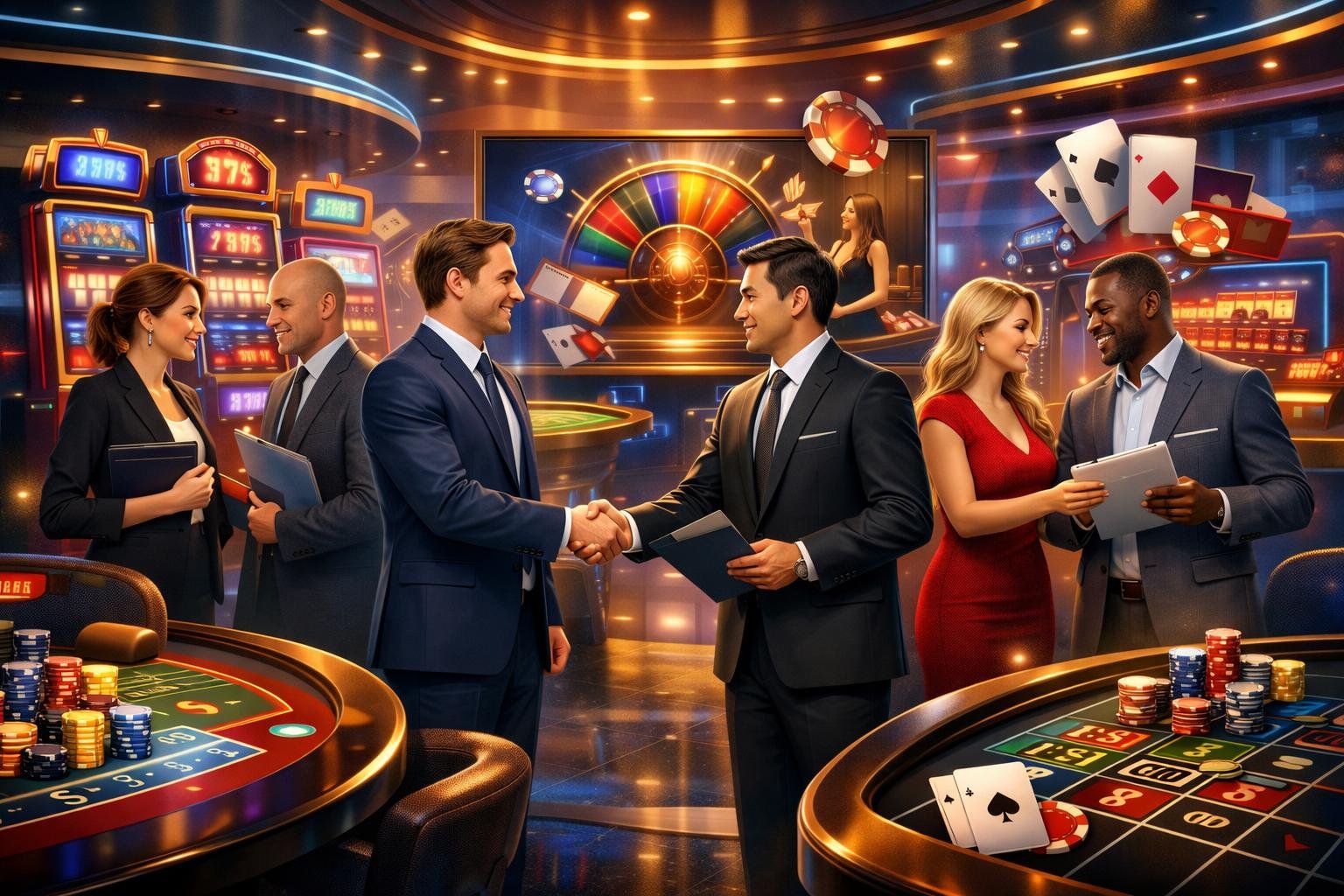 Business Professionals Shaking Hands In A Modern Casino Setting With Gaming Tables, Slot Machines, And Digital Screens Showing CasinoRelated Imagery.