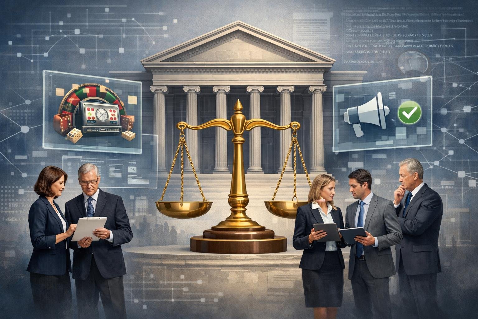 A Courthouse With Scales Of Justice In Front, Surrounded By Professionals Reviewing Digital Devices And Abstract Icons Representing Online Casino Advertising And Legal Regulation.