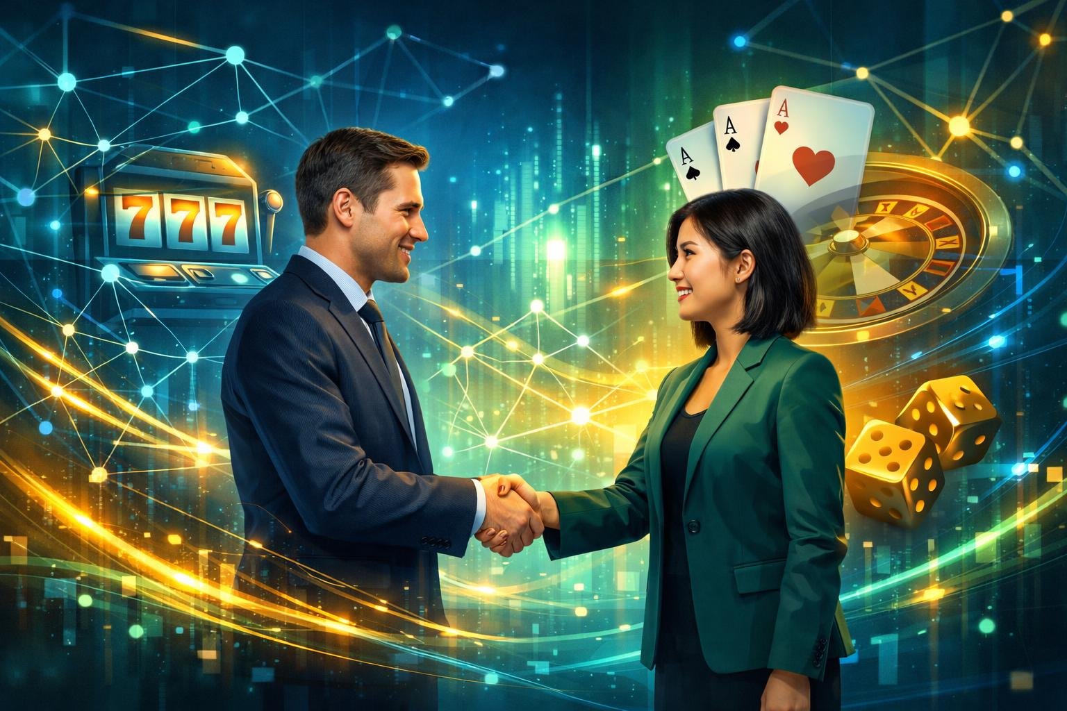 Two Business Professionals Shaking Hands With Digital Network Connections And Casino Game Icons In The Background Representing A New Partnership In The Gaming Industry.