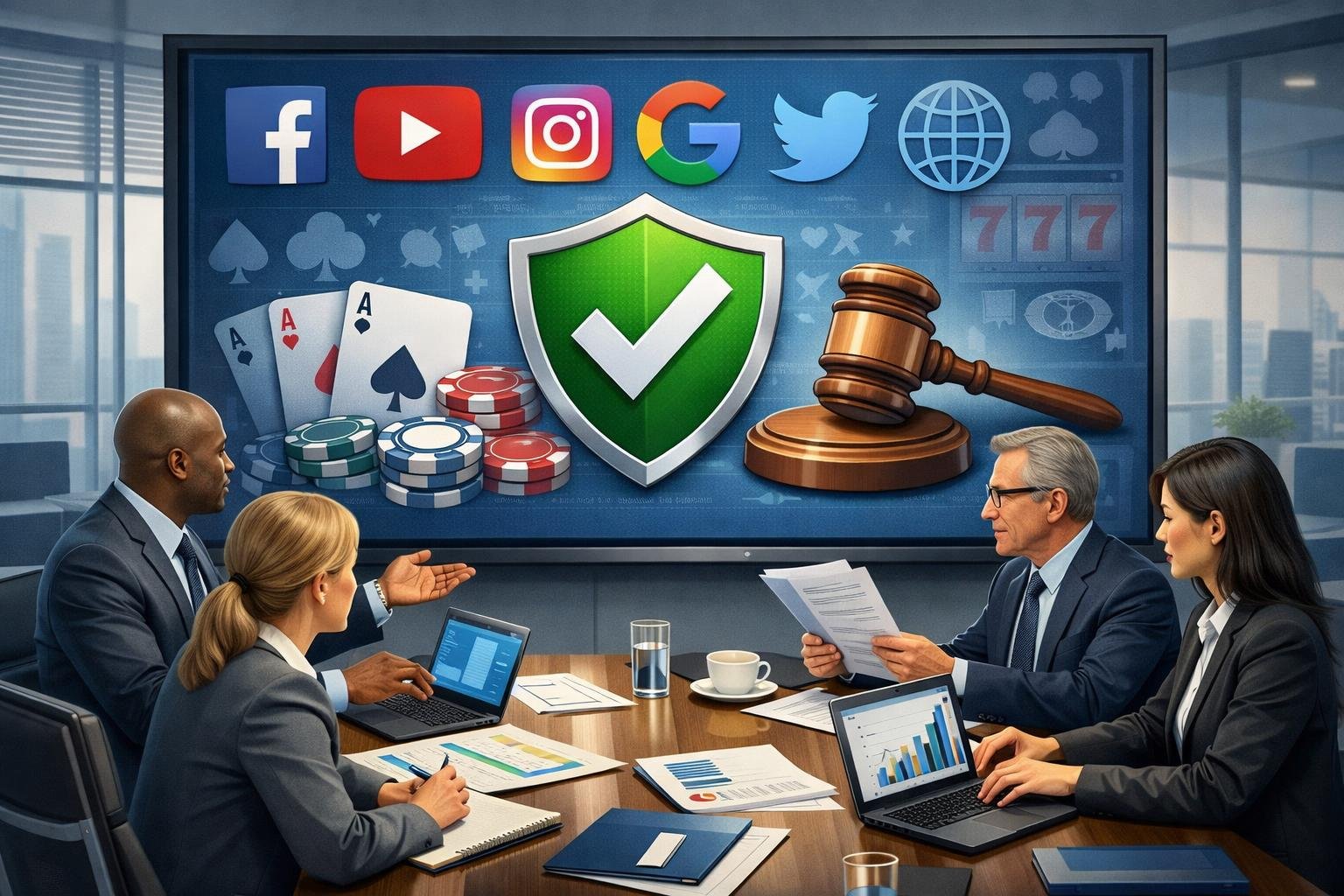 A Group Of Professionals Discussing Online Casino Advertising Rules Around A Digital Screen Showing Social Media Icons And Regulatory Symbols.