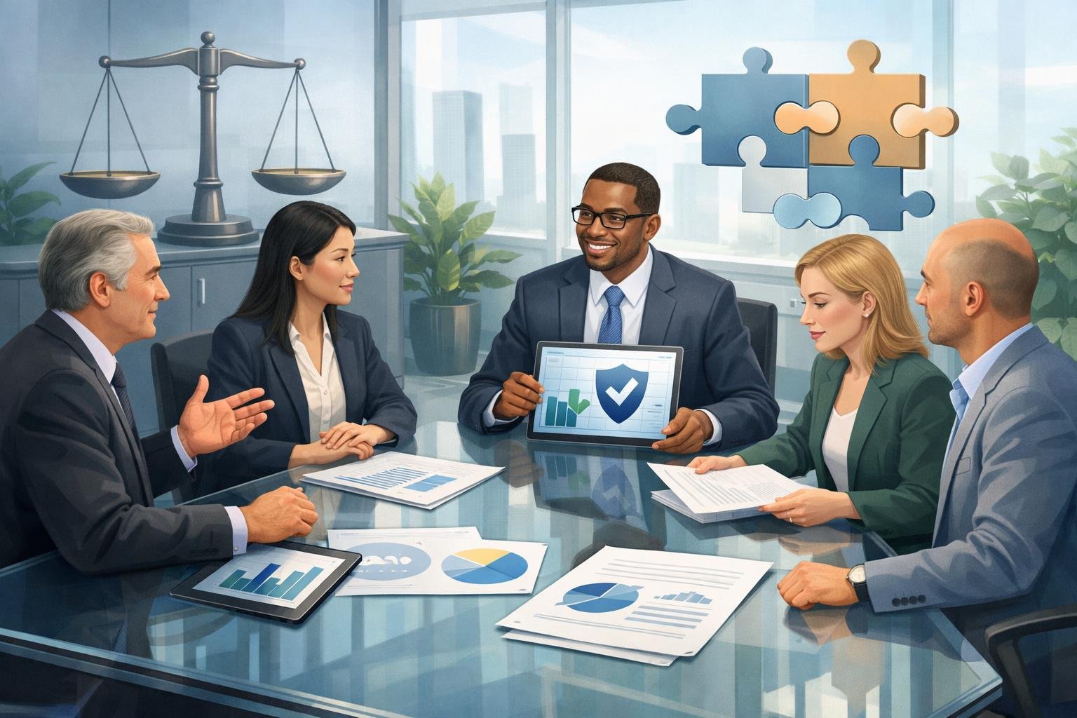 Business Professionals Meeting Around A Table With Charts And Symbols Representing Responsible Gambling And Partnerships.