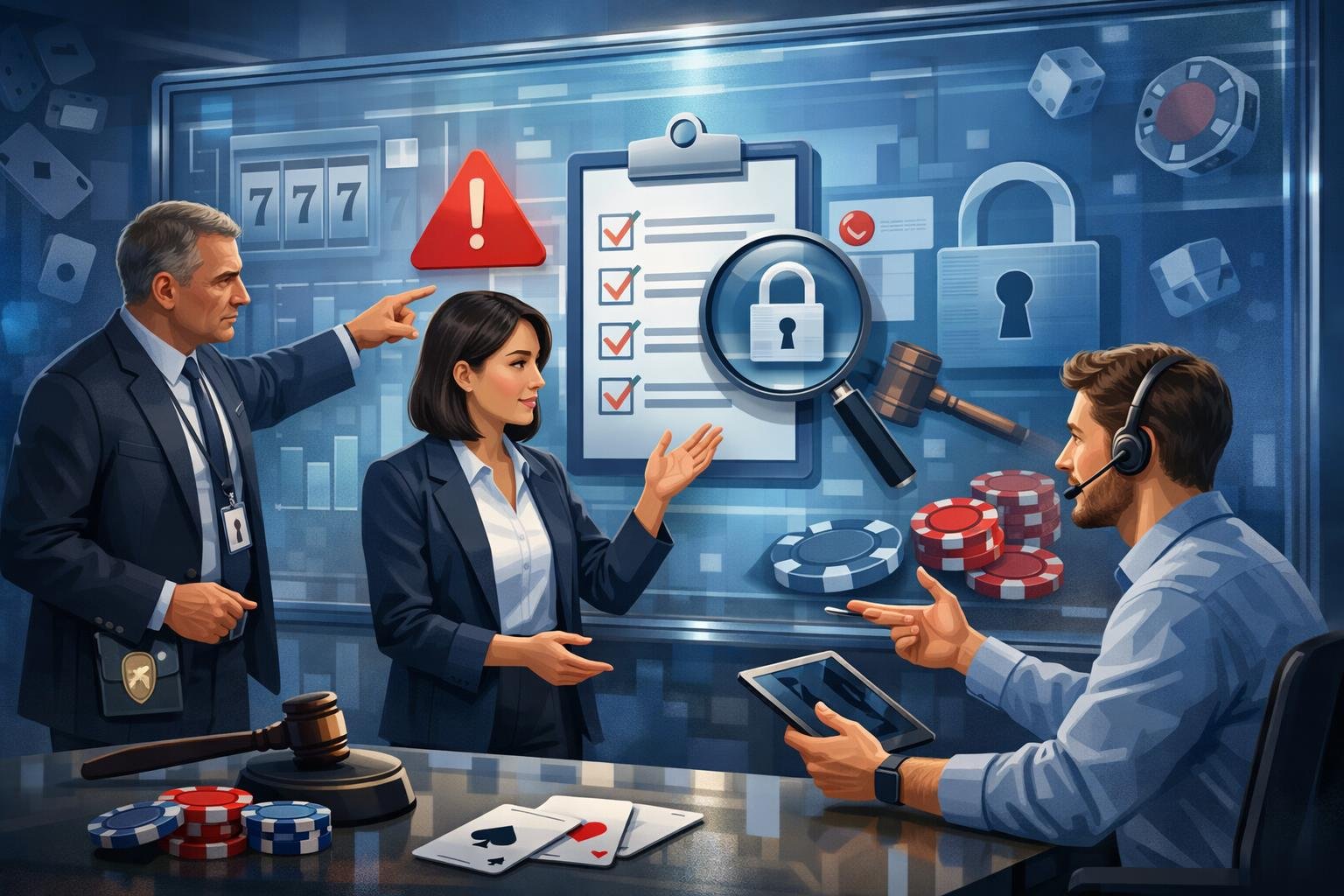 A Group Of Professionals Discussing Online Casino Gambling Regulations Around A Digital Screen Showing Charts And Compliance Icons.