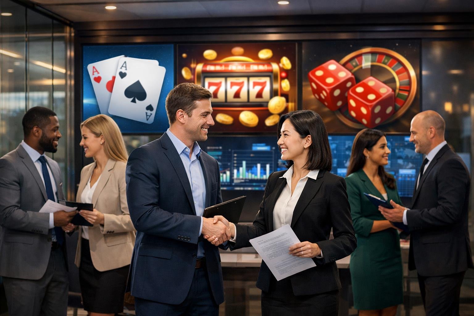 Business Professionals Shaking Hands In A Modern Office With Digital Casino Game Icons And Charts In The Background, Representing New Partnerships.
