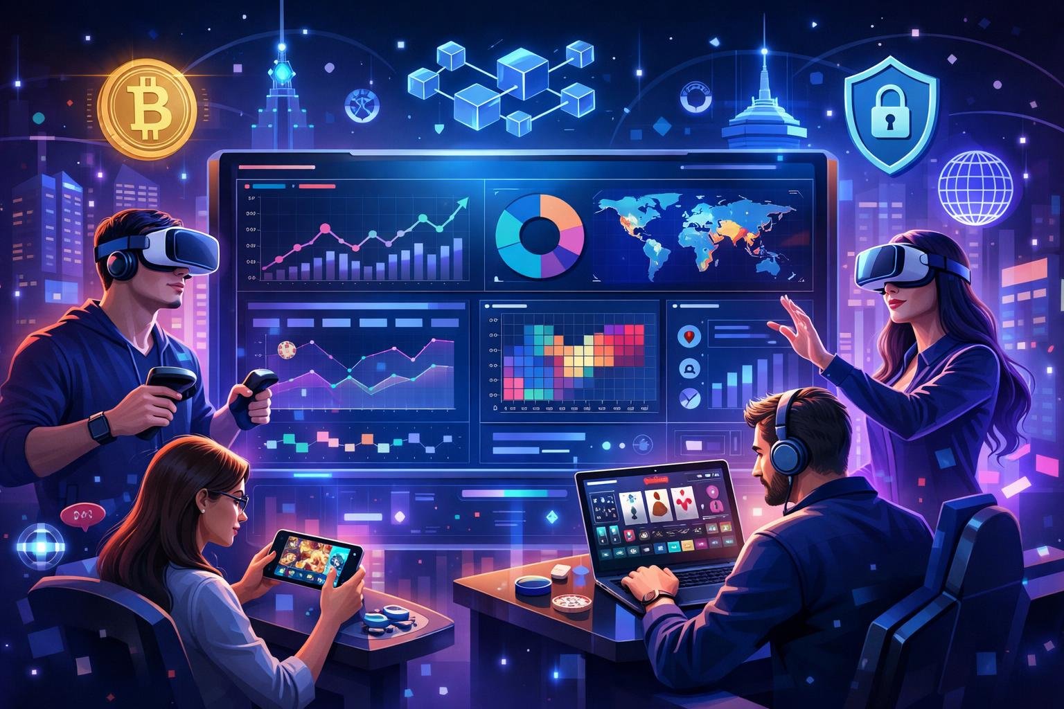 A Futuristic Scene Showing People Using Advanced Gaming Devices Around A Digital Dashboard With Charts And Icons Representing Technology And Data Trends.