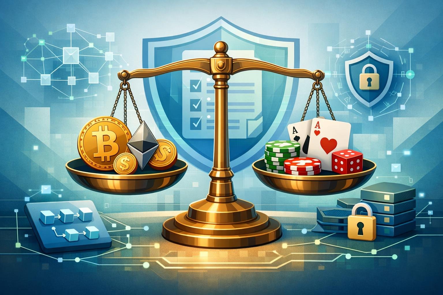A Balanced Scale With Digital Coins On One Side And Gambling Chips And Cards On The Other, With A Shield And Blockchain Graphics In The Background Representing Cryptocurrency Gambling Regulations.