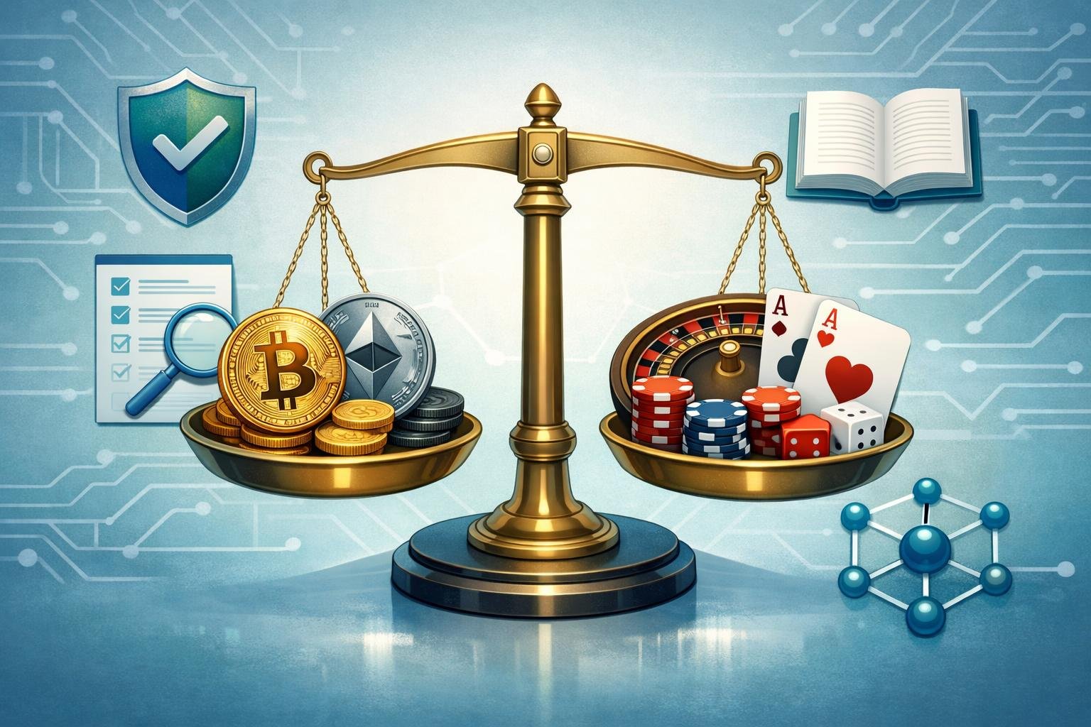 A Balanced Scale With Cryptocurrency Coins On One Side And Gambling Items On The Other, Surrounded By Icons Representing Security, Compliance, Education, And Blockchain Technology.