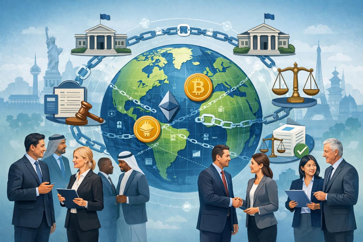 A Globe Surrounded By Symbols Of Regulation, Cryptocurrency Icons, And Diverse People Discussing And Holding Documents, Representing Global Cryptocurrency Gambling Regulations.