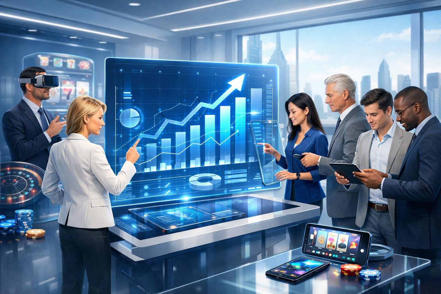 A Group Of Professionals Analyzing Futuristic Digital Charts And Gaming Devices In A Modern Office Setting.