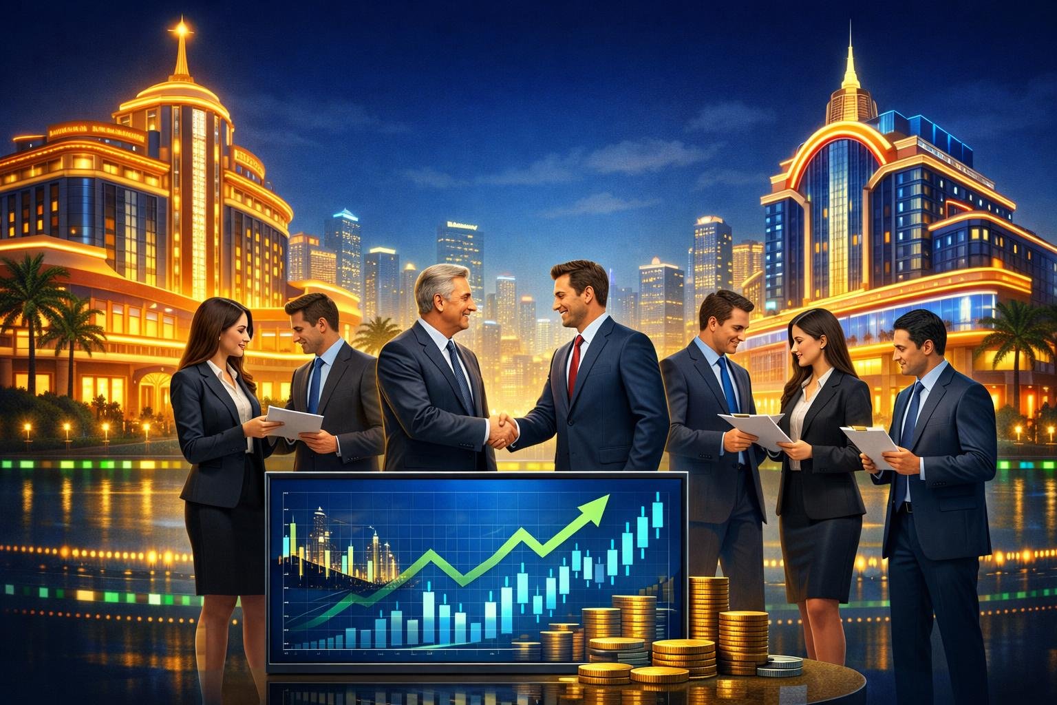 Two Casino Buildings With Business Executives Shaking Hands Between Them, Financial Charts On A Screen, And A City Skyline In The Background.