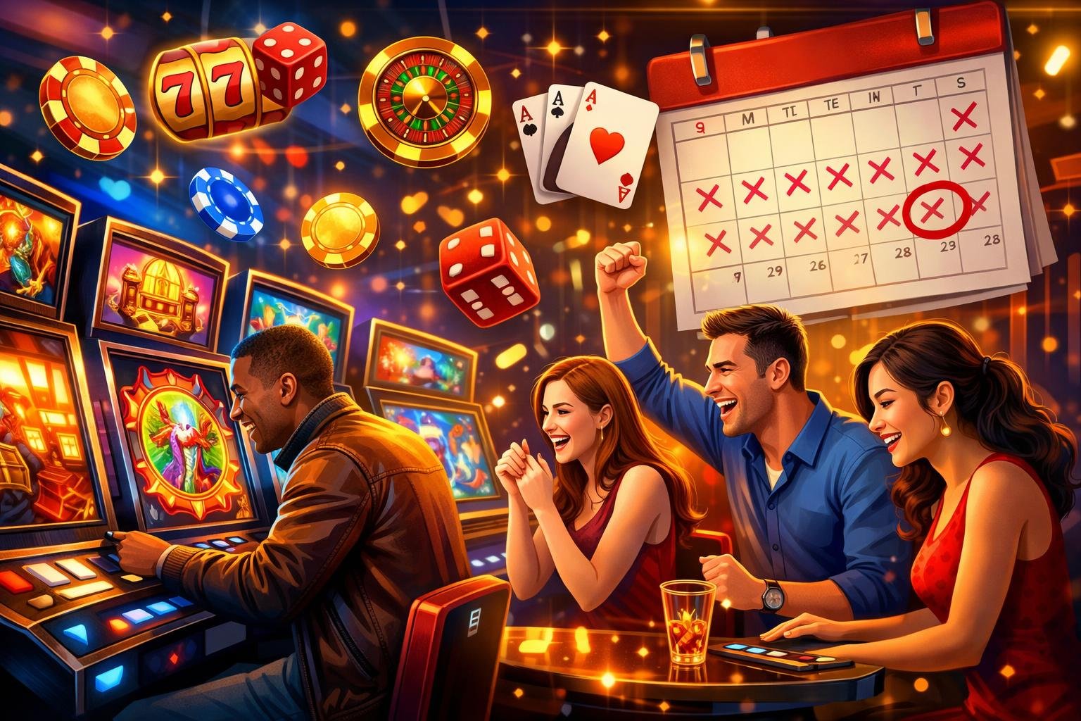 A Lively Casino Scene With People Playing New Slot Machines And Digital Games Surrounded By Poker Chips, Cards, And Dice.