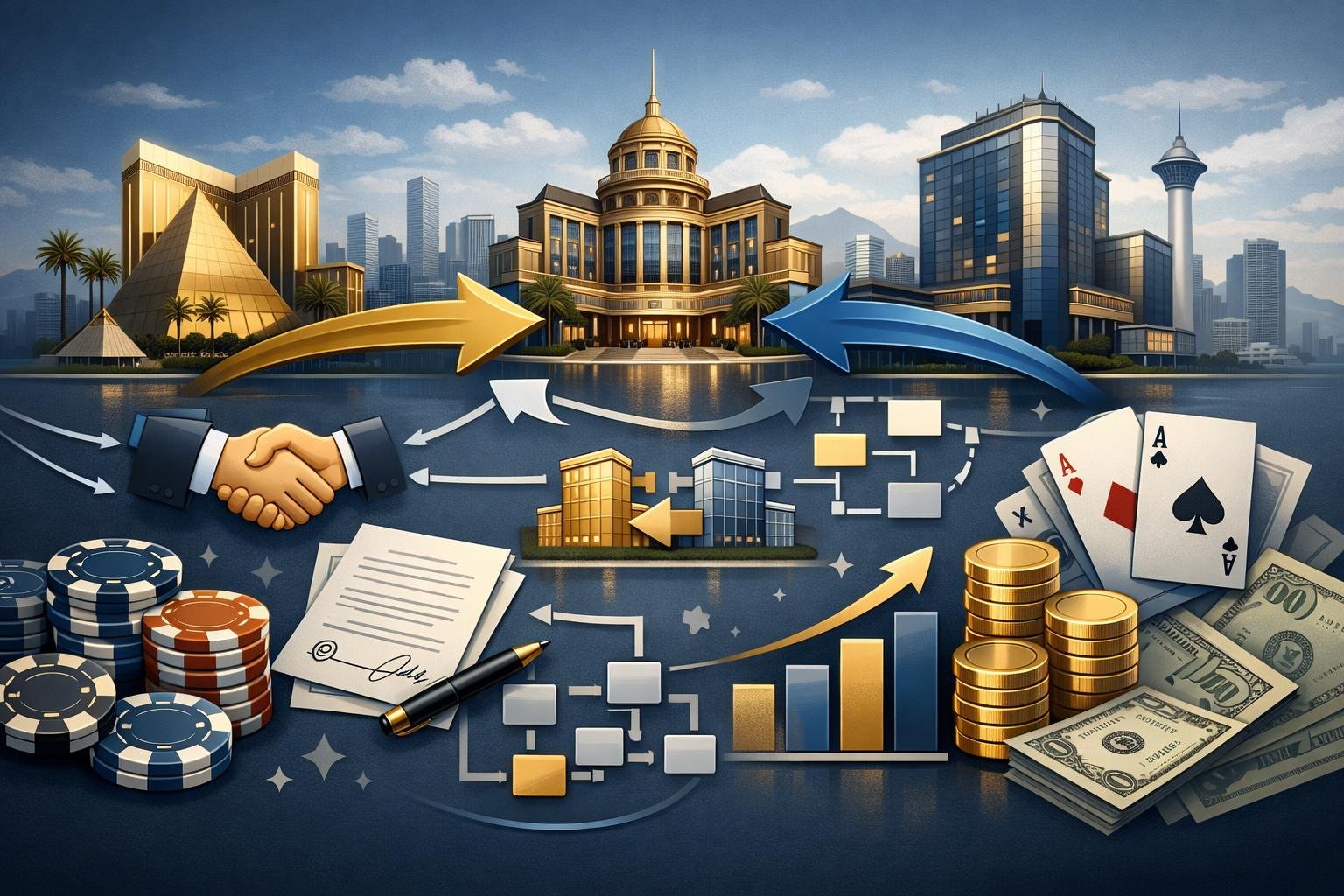 A City Skyline With Casino Buildings Connected By Arrows And Business Icons Representing Acquisitions And Mergers In The Casino Industry.