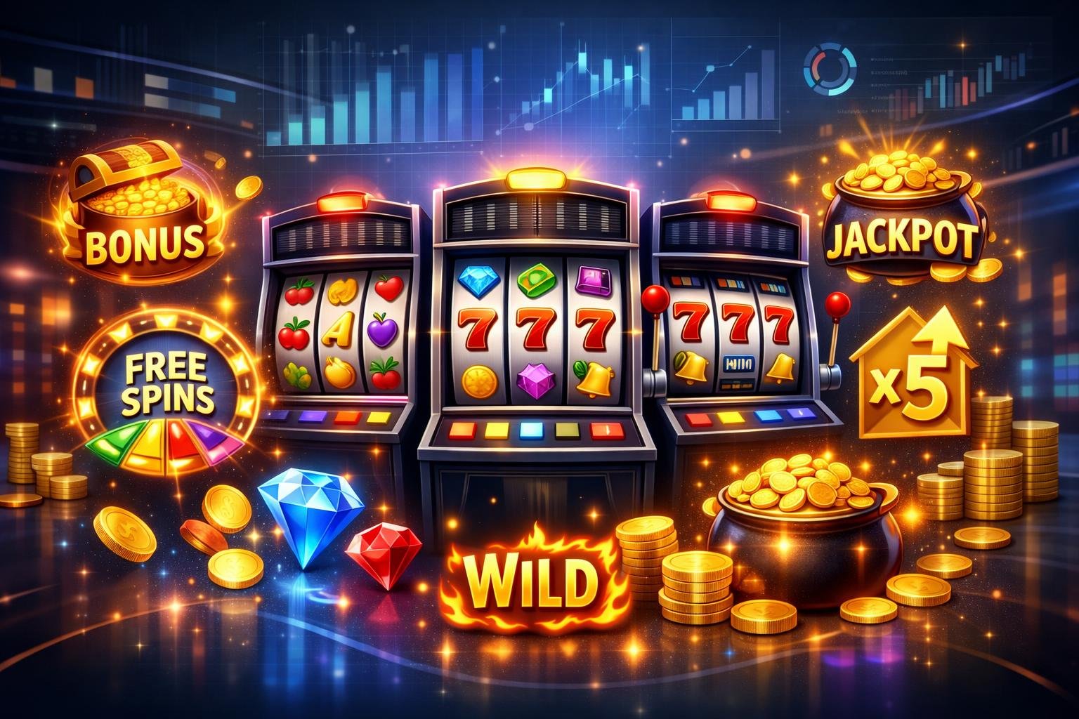 An Illustration Of Various Colorful Slot Machines With Icons Representing Bonus Features And Jackpots In A Modern Casino Setting.