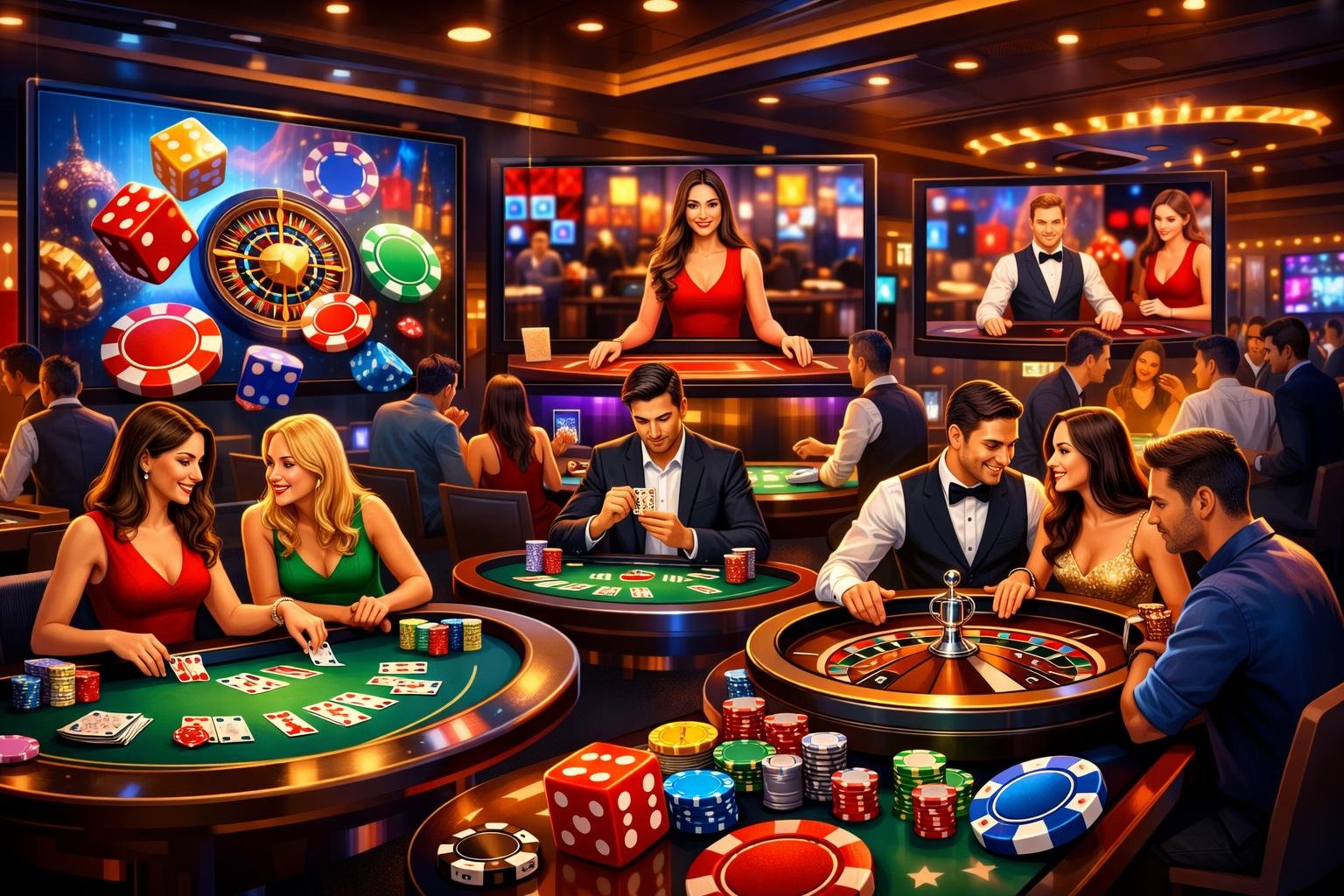 A Lively Casino Floor With Multiple Table Games And Dealers, Showcasing New Casino Games And Live Play In An Engaging Environment.