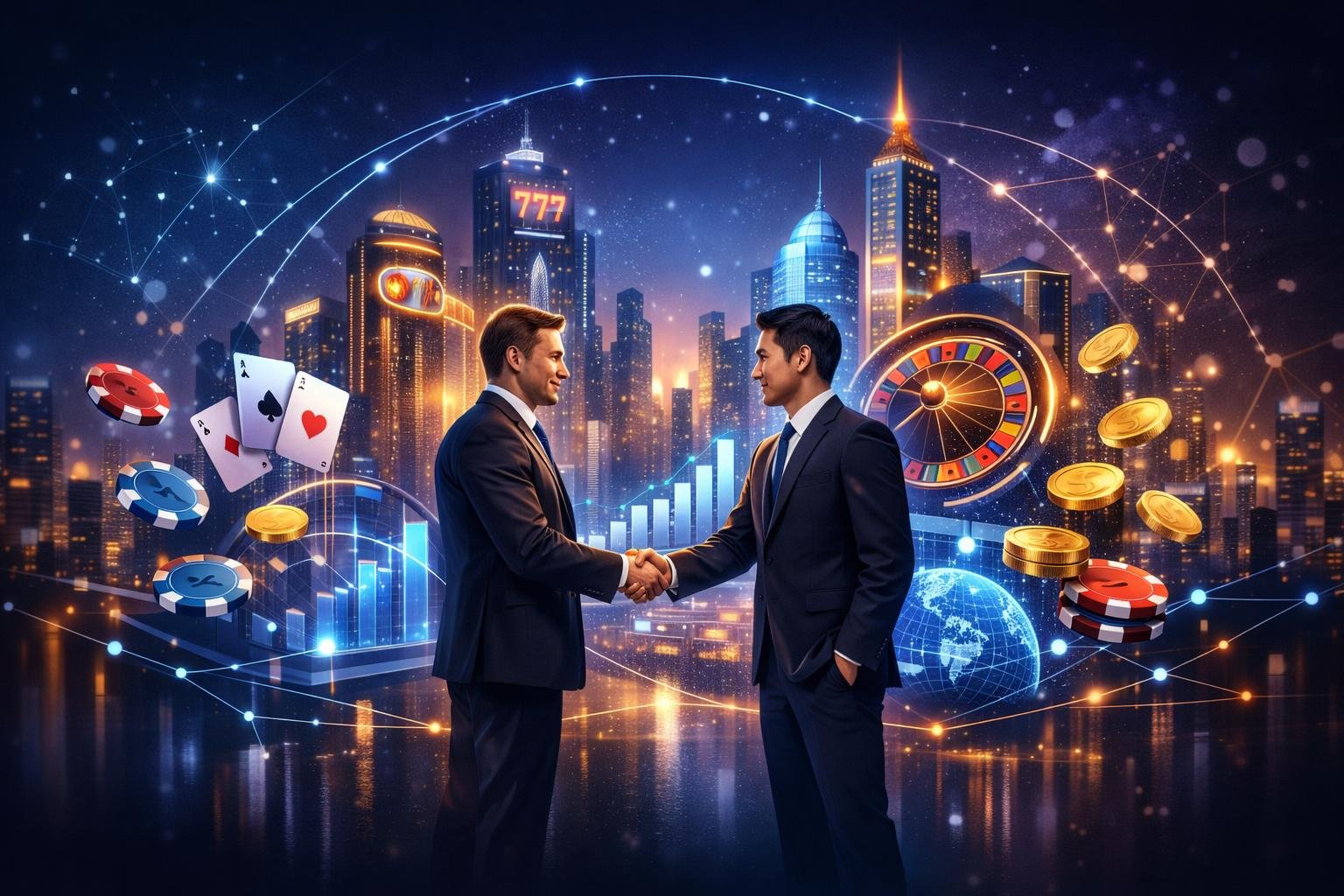 Two Business Professionals Shaking Hands In Front Of A Futuristic Cityscape With Digital Casino And Gaming Elements Floating Around Them.