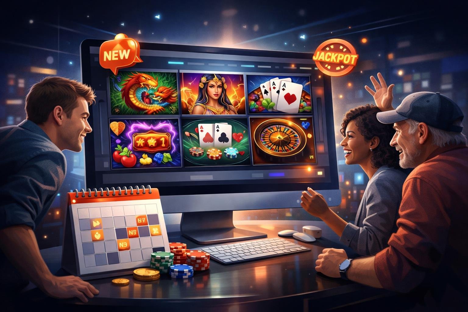 People Engaging With New Casino Games Displayed On A Computer Screen, Showing Excitement And Anticipation.