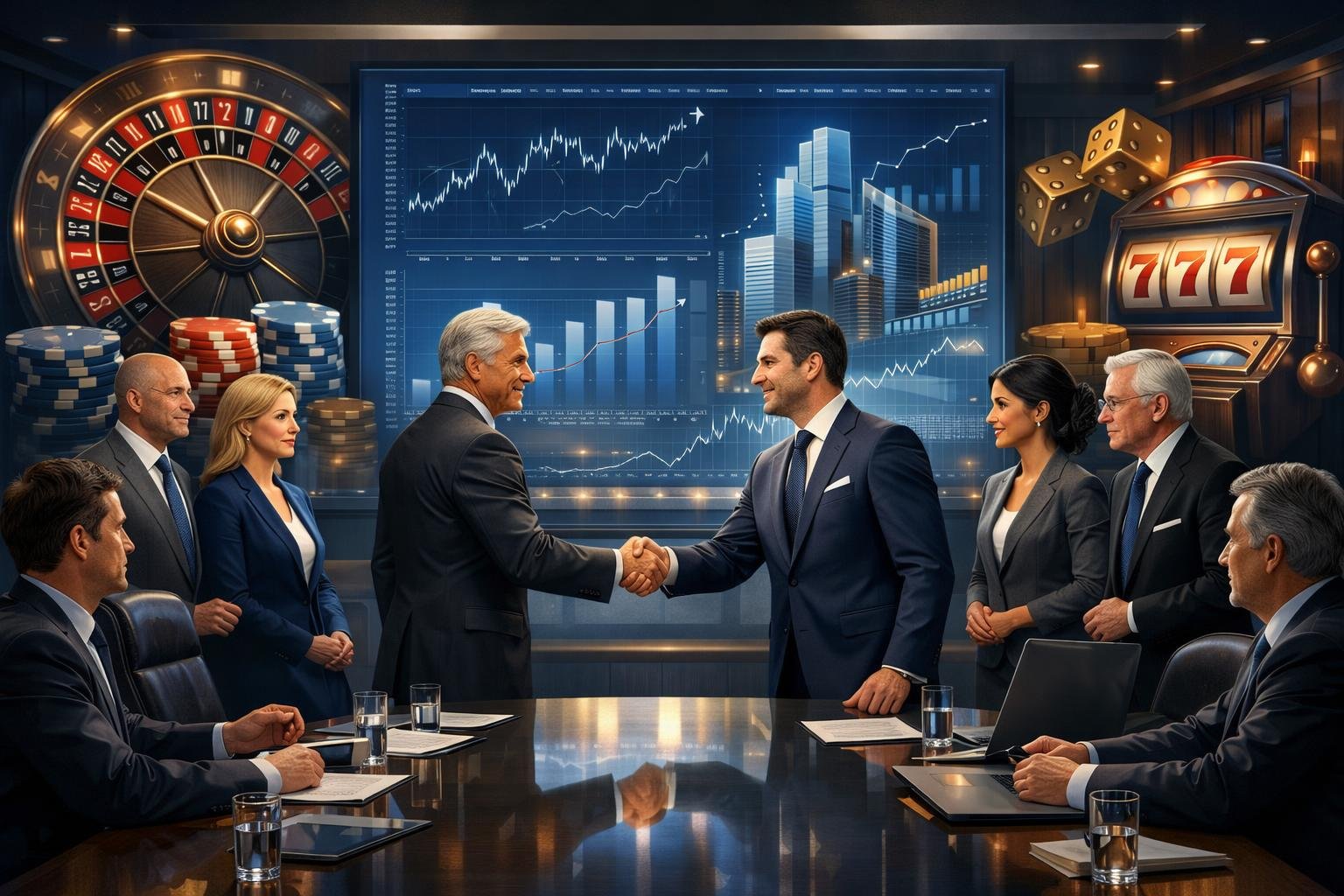 Two Groups Of Business Executives Shaking Hands In A Corporate Boardroom With CasinoRelated Symbols And Financial Charts In The Background.