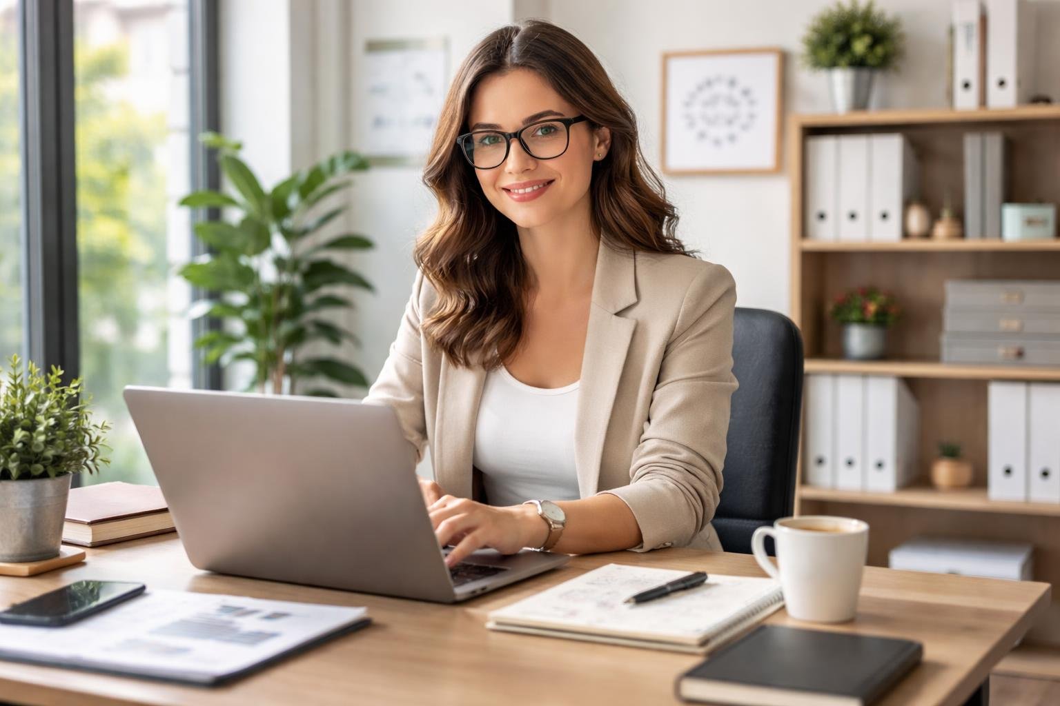 Eine Person arbeitet konzentriert an einem Laptop in einem modernen Büro, umgeben von Geschäftsmaterialien.