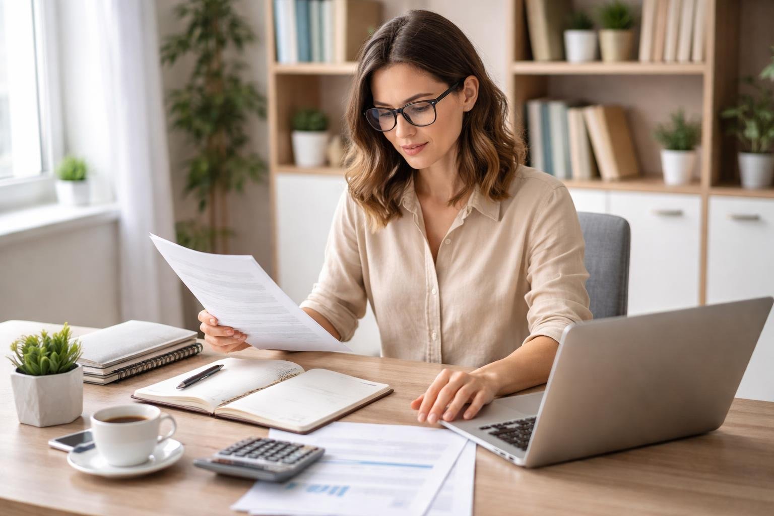 Eine Person sitzt an einem Schreibtisch in einem hellen Büro und arbeitet konzentriert an einem Laptop mit Unterlagen vor sich.