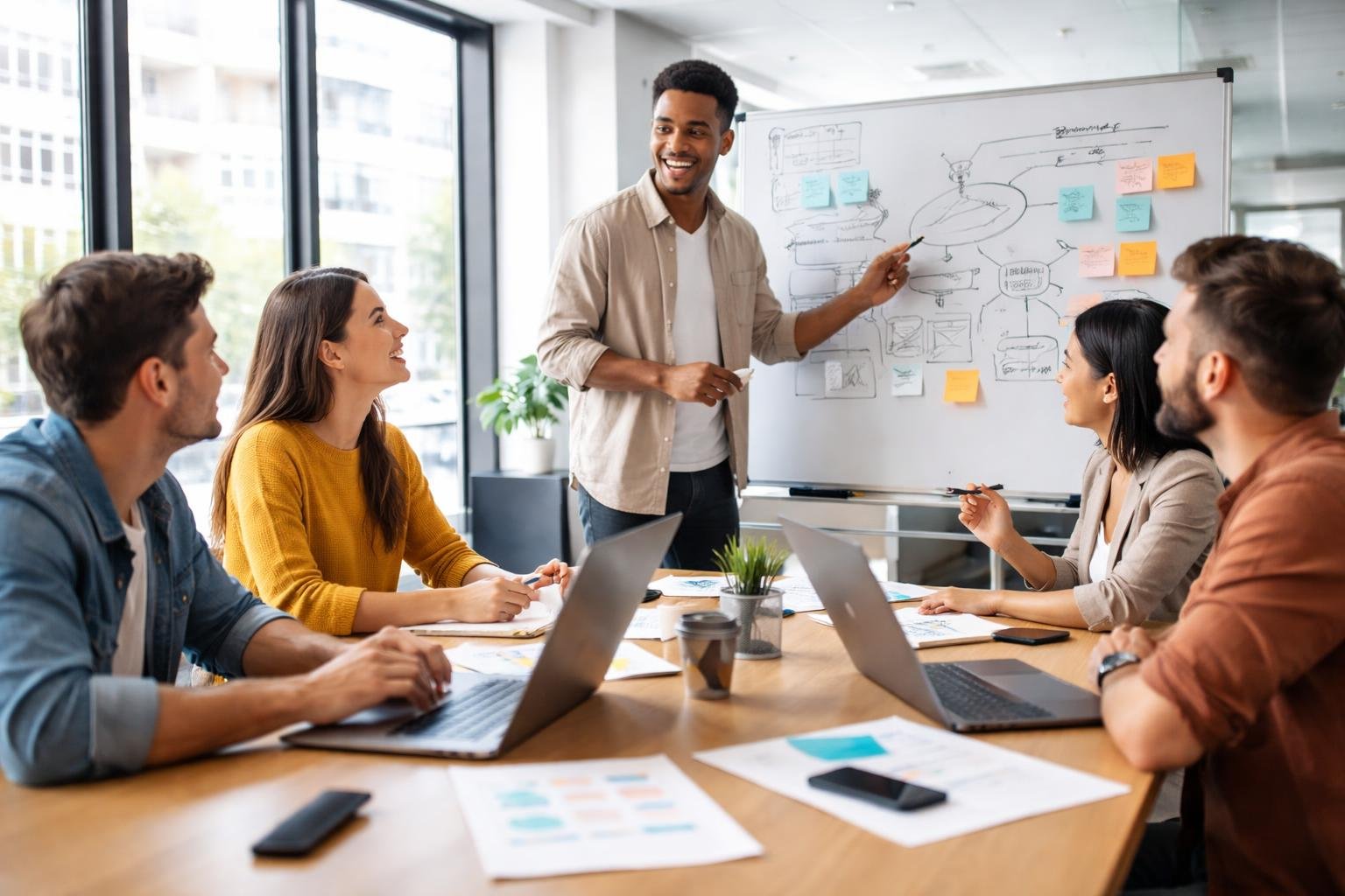 Mehrere Personen arbeiten gemeinsam in einem hellen Büro an der Entwicklung einer Geschäftsidee.