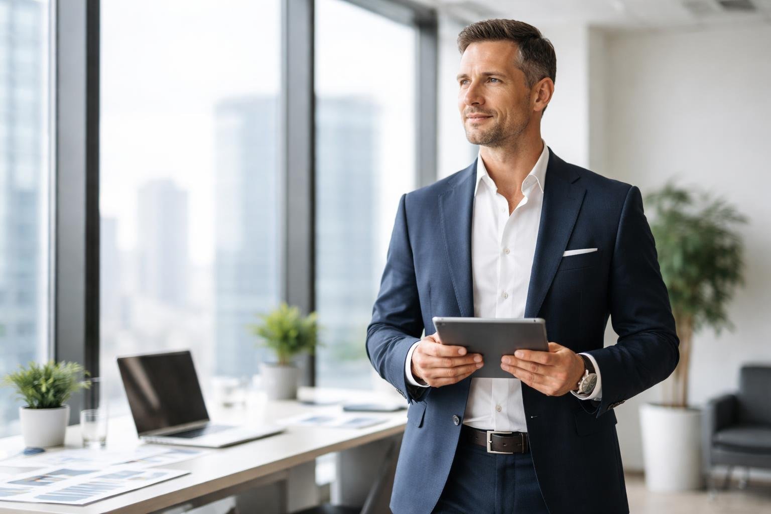 Ein Unternehmer in einem modernen Büro steht mit einem Tablet in der Hand vor einem Fenster mit Blick auf die Stadt.