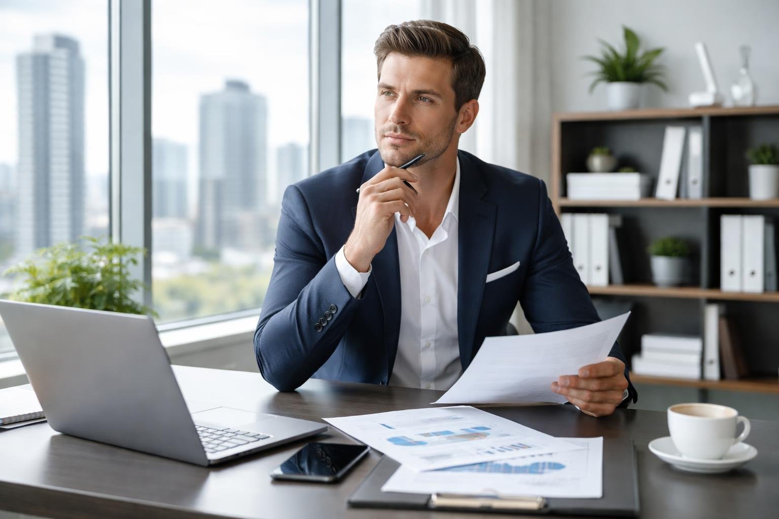 Ein Unternehmer in einem modernen Büro arbeitet konzentriert an einem Laptop mit Stadtblick im Hintergrund.
