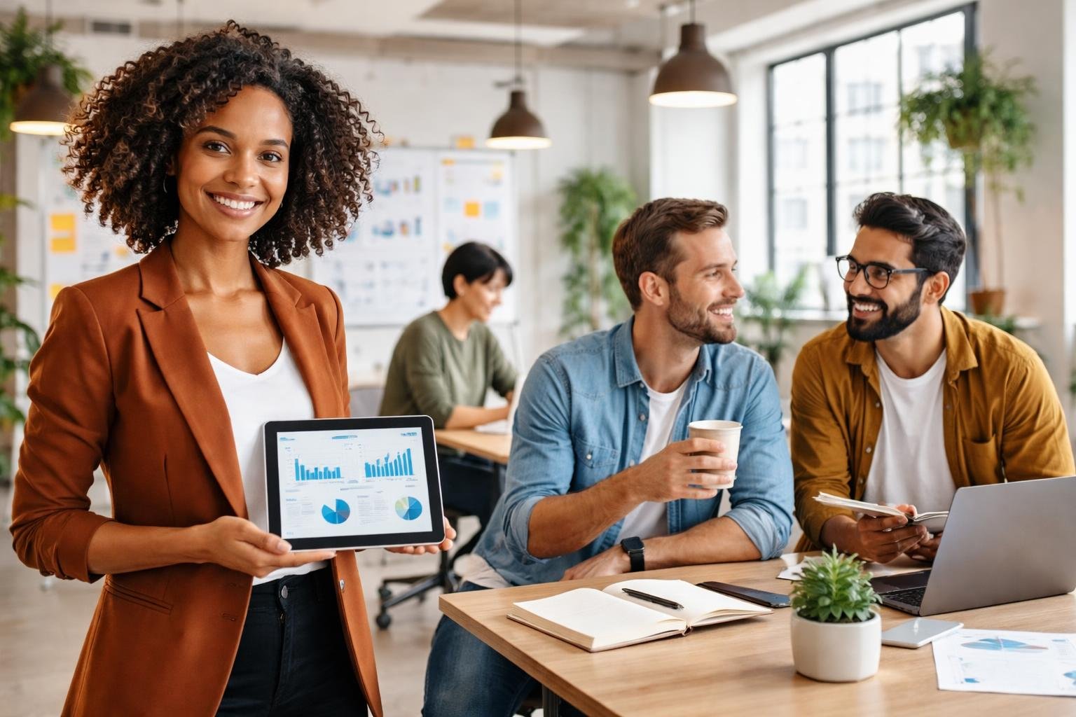 Eine Gruppe von Unternehmern arbeitet gemeinsam in einem modernen Büro, einige präsentieren Ideen, andere nutzen digitale Geräte.