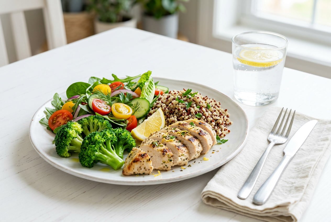 Un piatto sano e bilanciato con verdure fresche, pollo alla griglia e cereali integrali su un tavolo bianco, con un bicchiere d'acqua e una fetta di limone.