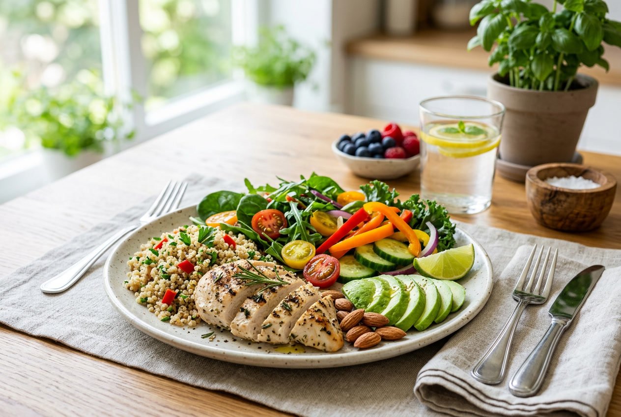 Un tavolo con un pasto equilibrato e salutare composto da verdure fresche, proteine magre e cereali integrali, adatto a persone con diabete.