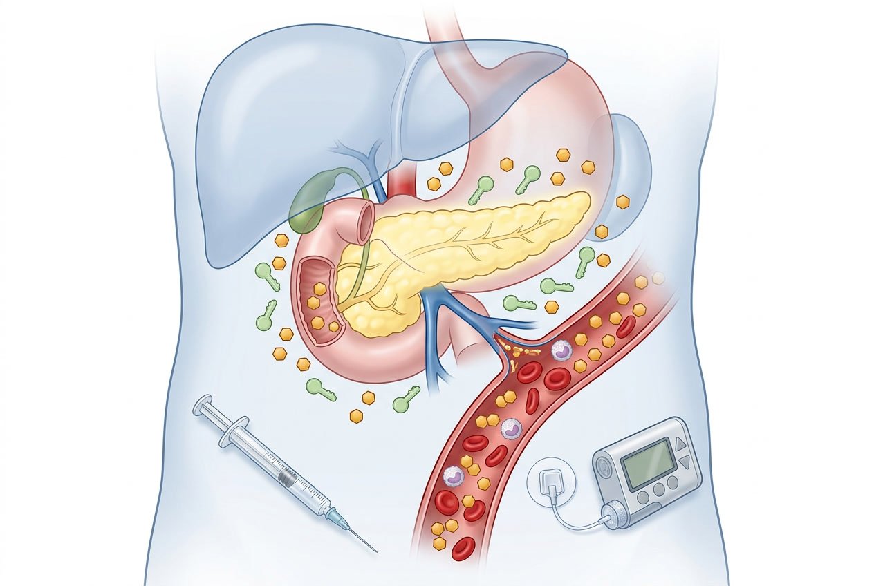 Illustrazione medica che mostra il torso umano con il pancreas evidenziato, molecole di glucosio e insulina, e un flusso sanguigno con cellule e livelli elevati di glucosio.