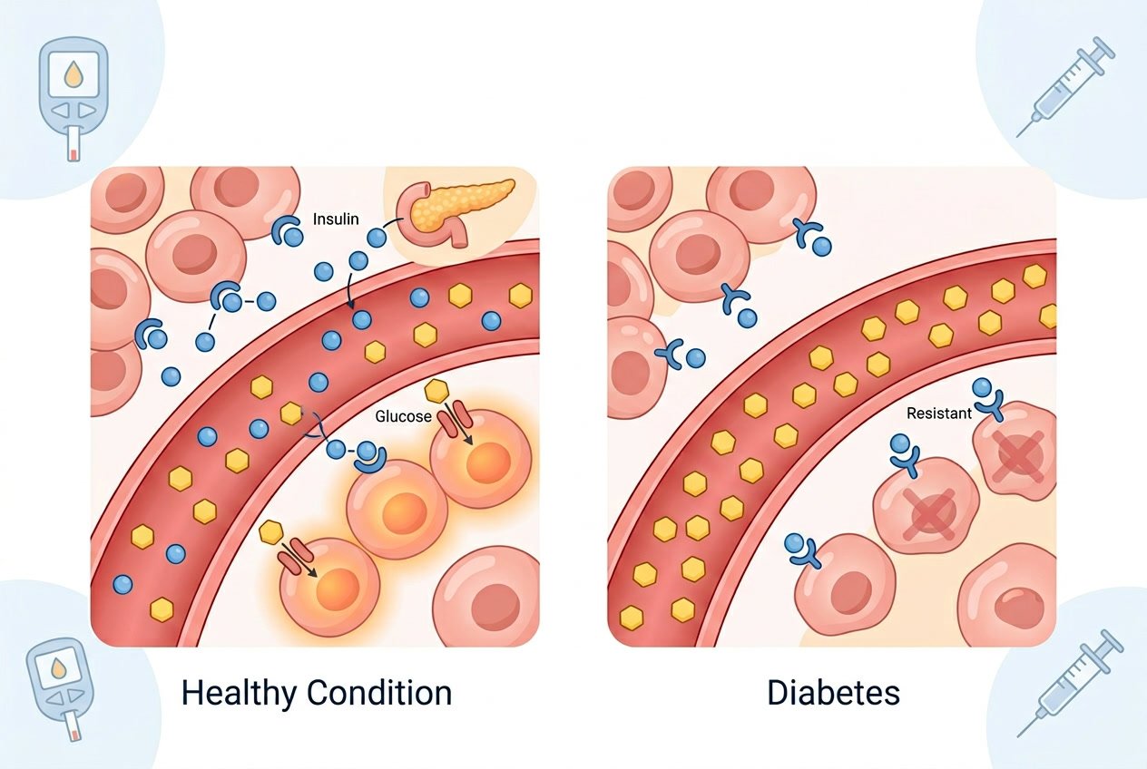 Illustrazione di un torso umano che mostra il pancreas e il flusso sanguigno con molecole di insulina e glucosio, evidenziando la differenza tra condizioni di diabete e salute.