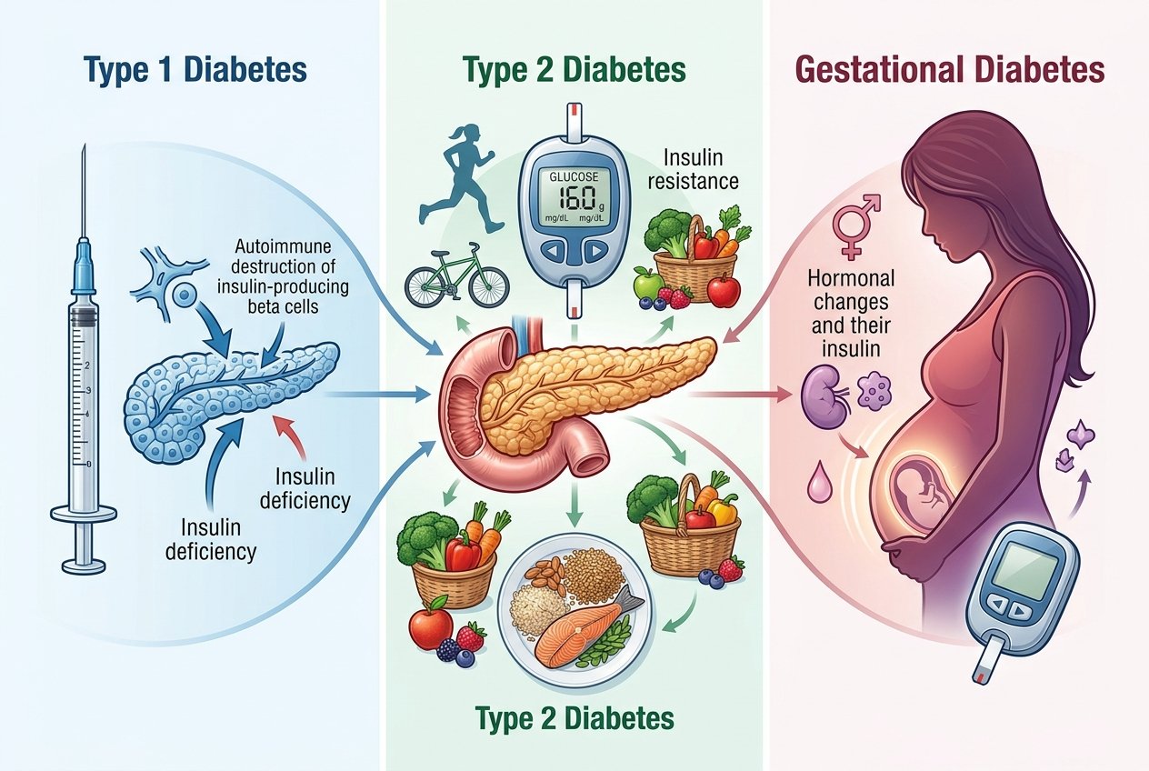 Illustrazione che mostra tre tipi di diabete con simboli medici e figure umane che rappresentano il diabete di tipo 1, tipo 2 e gestazionale.