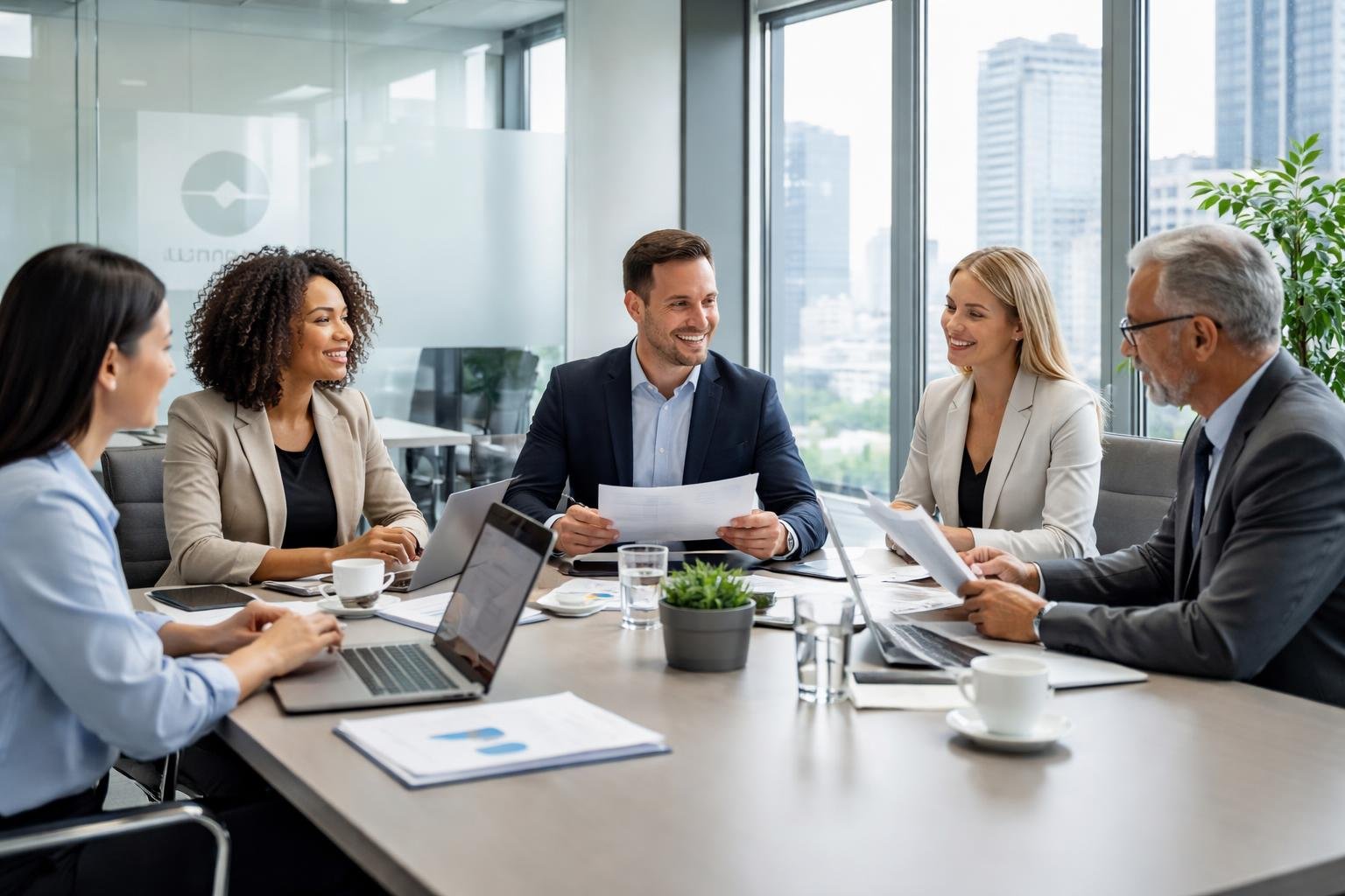 Ein modernes Büro mit mehreren Personen, die an einem Konferenztisch zusammenarbeiten.