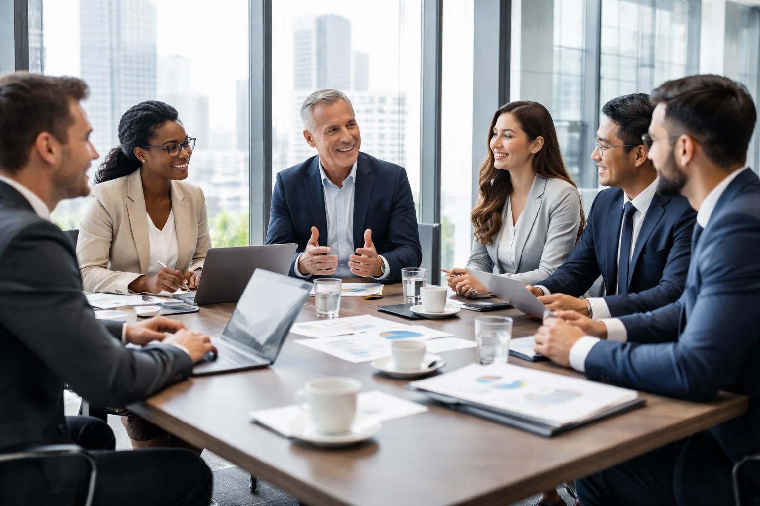 Eine Gruppe von Geschäftspersonen in einem modernen Büro bei einer Besprechung um einen Konferenztisch.