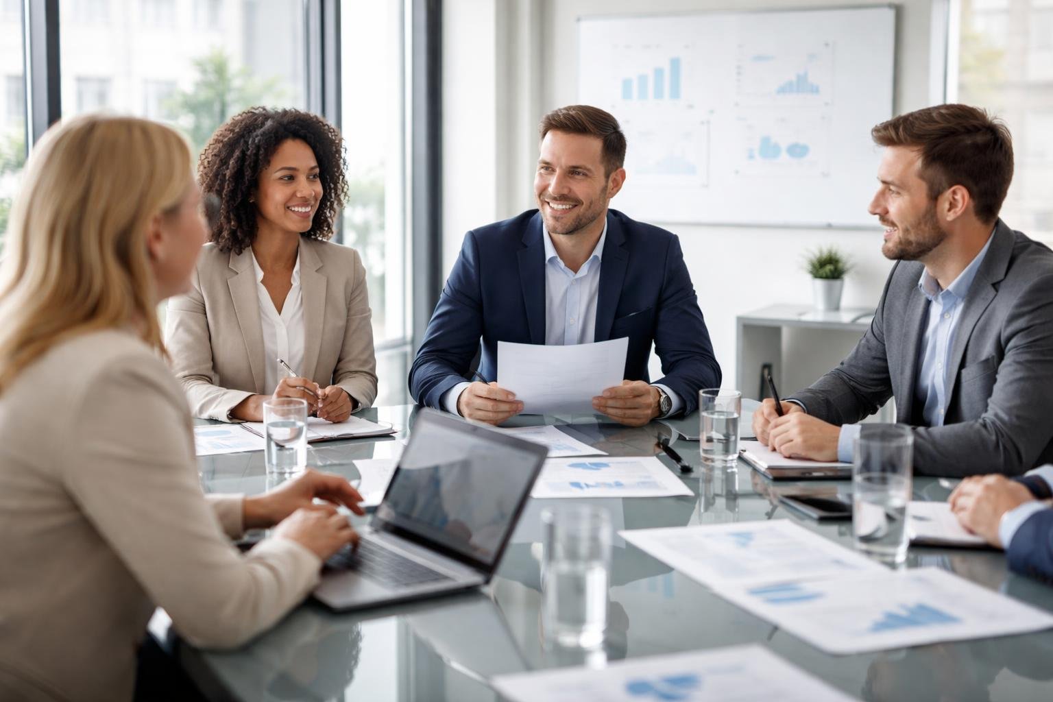 Geschäftsleute sitzen in einem modernen Büro an einem Konferenztisch und führen eine Besprechung durch.