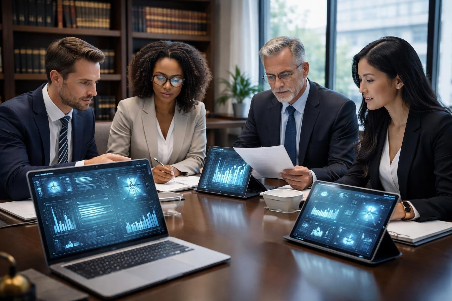 Die besten KI-Tools für Anwälte: Innovation im Kanzleialltag Mehrere Anwälte arbeiten gemeinsam an einem Konferenztisch mit Laptops und Tablets, die digitale Daten anzeigen, in einem modernen Büro.