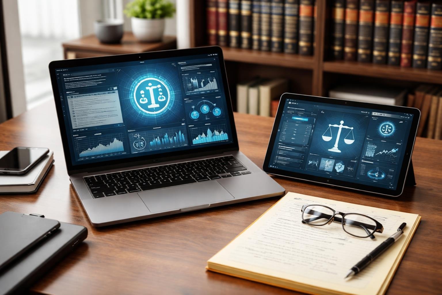 Ein moderner Anwaltsarbeitsplatz mit Laptop, Tablet und juristischen B&uuml;chern, der den Einsatz von KI-Tools zeigt.