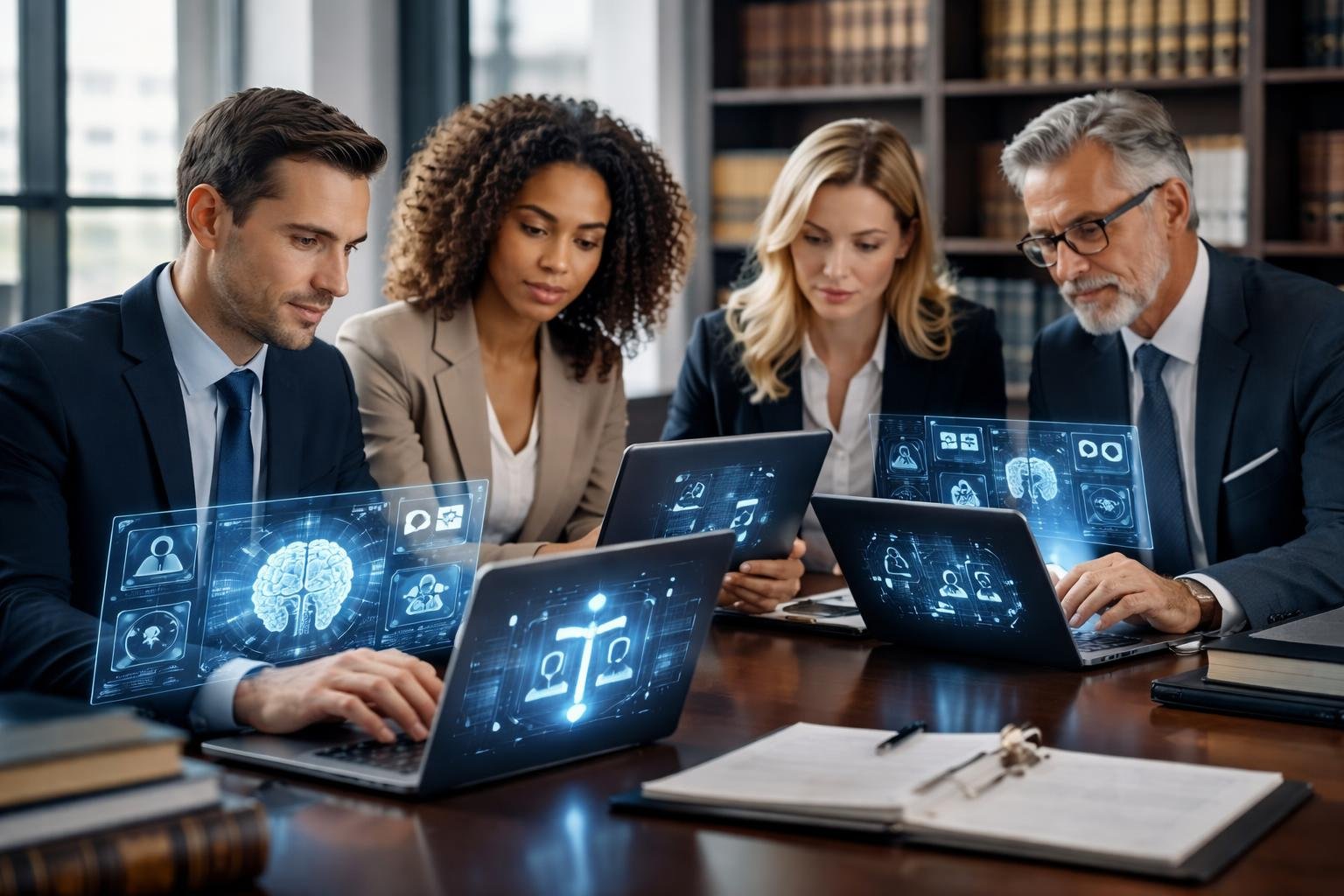 Mehrere Anw&auml;lte arbeiten gemeinsam an Laptops mit digitalen Datenanzeigen in einem modernen B&uuml;ro.