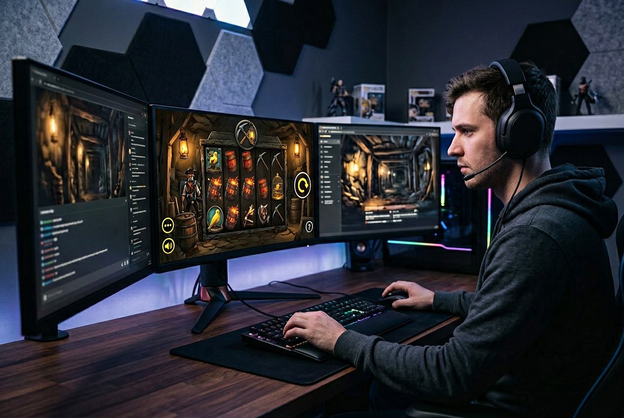 Seorang pemain game sedang fokus bermain game online Dead Canary dengan beberapa layar komputer di meja yang rapi dan pencahayaan biru ungu di ruangan.